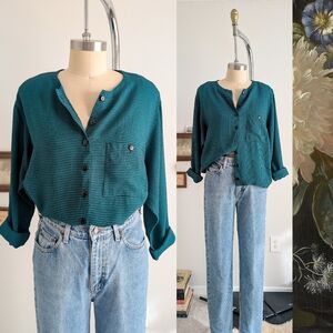 80s Micro Gingham Button Down Vintage Long Sleeve Blouse